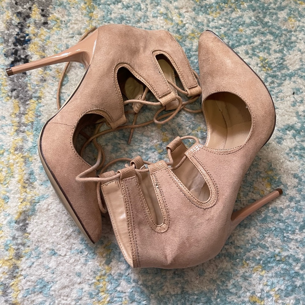 Nude suede pointy toe heels